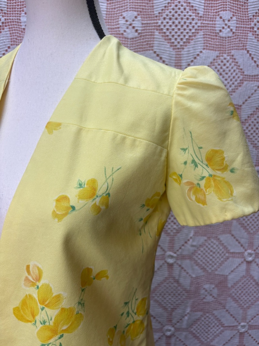 Vintage Yellow Floral Blouse Puff Sleeve Open Front SzSm - Picture 2 of 9
